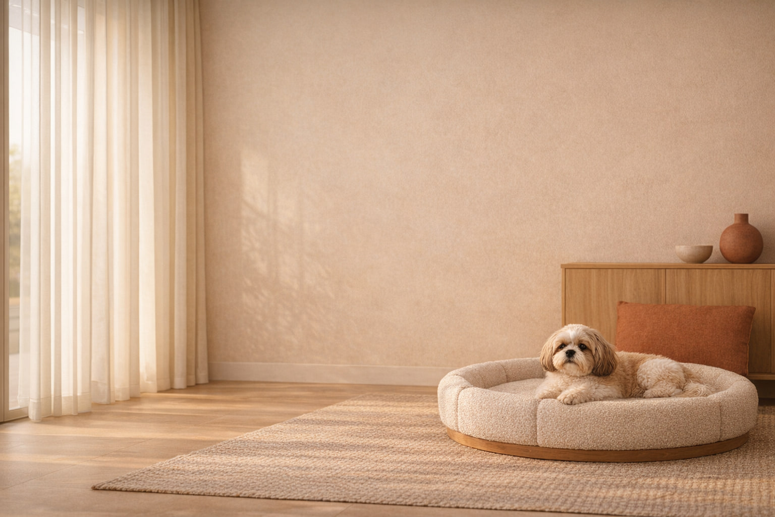 Shih Tzu descansando en una suite nocturna y acogedora de Villa CanInna.